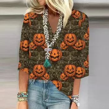 Женская рубашка-блузка Повседневные свободные рубашки с рукавами 3/4 и кружевной отделкой Топы с v-образным вырезом и принтом Топы с принтом Футболки Футболки XXXL