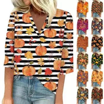 Женская рубашка-блузка Повседневные свободные рубашки с рукавами 3/4 и кружевной отделкой Топы с v-образным вырезом и принтом Топы с принтом Футболки Футболки XXXL синий