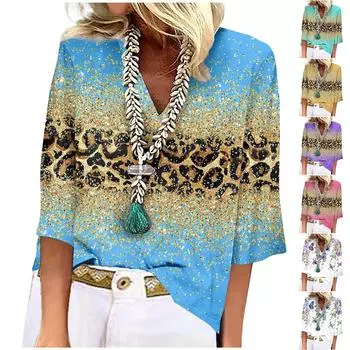 Женская рубашка-блузка повседневные свободные рубашки с рукавом 3/4 и принтом с V-образным вырезом Топы Футболки Футболка