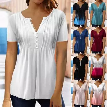 Женская рубашка, блузка, пуговицы, винтажный градиентный принт, короткий рукав, повседневный базовый топ, пуловер L чёрный