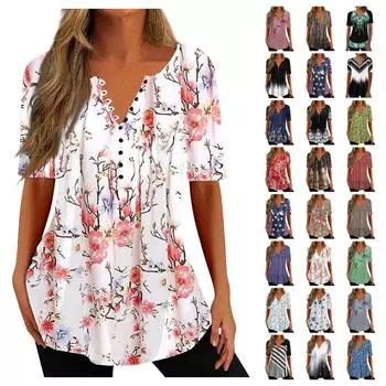 Женская рубашка, блузка, пуговицы, винтажный градиентный принт, короткий рукав, повседневный базовый топ, пуловер S чёрный