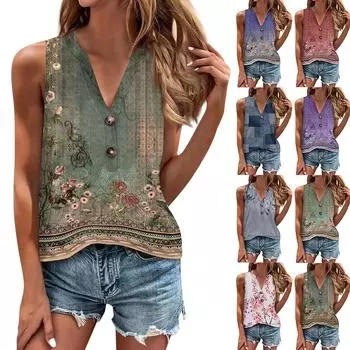 Женская рубашка, блузка, пуговицы, винтажный принт, без рукавов, повседневный базовый топ, пуловер XXL фиолетовый