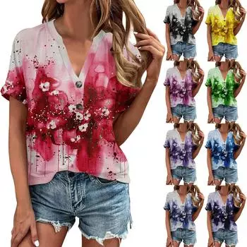 Женская рубашка, блузка, пуговицы, винтажный принт, короткий рукав, повседневный базовый топ, пуловер L чёрный