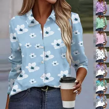 Женская рубашка-блузка с цветочным принтом и пуговицами, длинный рукав, повседневный базовый рубашечный воротник, обычный топ L синий