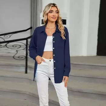 Женская рубашка-блузка с длинным рукавом и лацканами, однотонная, с одним карманом, весна-осень S фиолетовый