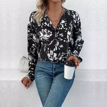 Женская рубашка-блузка с длинным рукавом и цветочным принтом на лацканах, весна-осень S чёрный