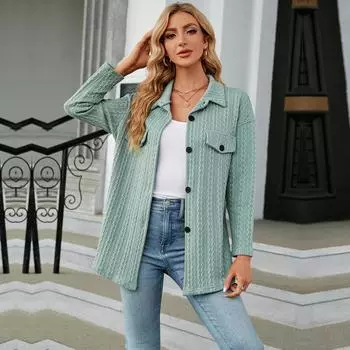 Женская рубашка-блузка с длинным рукавом и лацканами, однотонная, с имитацией кармана, жаккардовая, весна-осень S вино красного