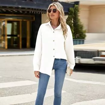 Женская рубашка-блузка с длинными рукавами и лацканами, однотонная, весна-осень S белый