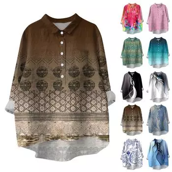 Женская рубашка-блузка с длинными рукавами и принтом на пуговицах, повседневный подол, нестандартный воротник рубашки L чёрный