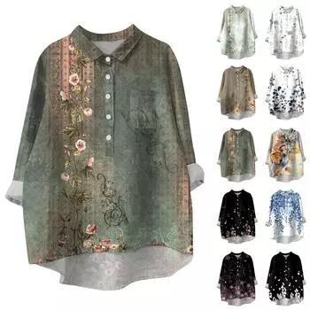 Женская рубашка-блузка с длинными рукавами и принтом на пуговицах, повседневный подол, нестандартный воротник рубашки XL чёрный
