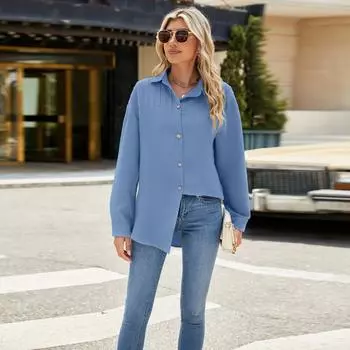 Женская рубашка-блузка с длинными рукавами и лацканами, однотонная, весна-осень S белый