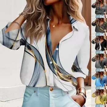 Женская рубашка блузка с геометрическим принтом в полоску, на пуговицах, с длинным рукавом, повседневная, с воротником, стандартный топ L