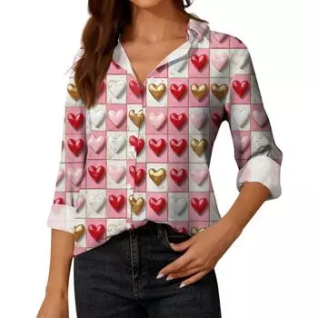 Женская рубашка-блузка с принтом и пуговицами, длинный рукав, повседневный базовый рубашечный воротник, обычный топ M