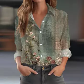 Женская рубашка-блузка с принтом и пуговицами, длинный рукав, повседневный базовый рубашечный воротник, обычный топ L