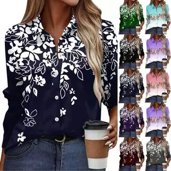 Женская рубашка-блузка с принтом и пуговицами, длинный рукав, повседневный базовый рубашечный воротник, обычный топ L чёрный