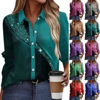 Женская рубашка-блузка с принтом и пуговицами, длинный рукав, повседневный базовый рубашечный воротник, обычный топ One size синий