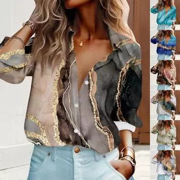 Женская рубашка-блузка с принтом и пуговицами, длинный рукав, повседневный базовый рубашечный воротник, обычный топ L чёрный