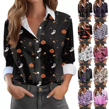 Женская рубашка-блузка с принтом и пуговицами, длинный рукав, повседневный базовый рубашечный воротник, обычный топ XXL чёрный