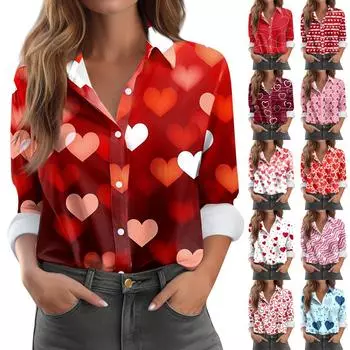 Женская рубашка-блузка с принтом и пуговицами, длинный рукав, повседневный базовый рубашечный воротник, обычный топ L синий