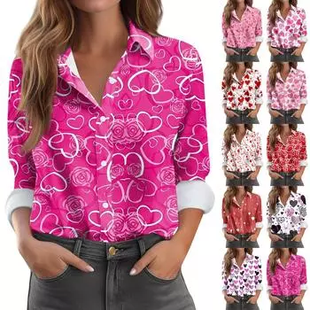 Женская рубашка-блузка с принтом и пуговицами, длинный рукав, повседневный базовый рубашечный воротник, обычный топ L