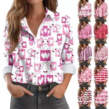 Женская рубашка-блузка с принтом и пуговицами, длинный рукав, повседневный базовый рубашечный воротник, обычный топ M