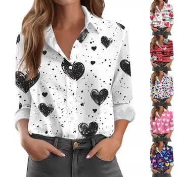 Женская рубашка-блузка с принтом и пуговицами, длинный рукав, повседневный базовый рубашечный воротник, обычный топ XXXL