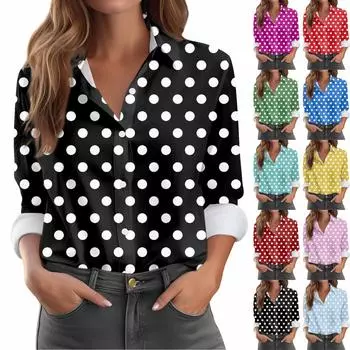 Женская рубашка-блузка с принтом и пуговицами, длинный рукав, повседневный базовый рубашечный воротник, обычный топ L чёрный