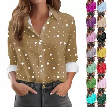 Женская рубашка-блузка с принтом и пуговицами, длинный рукав, повседневный базовый рубашечный воротник, обычный топ L армия зеленый