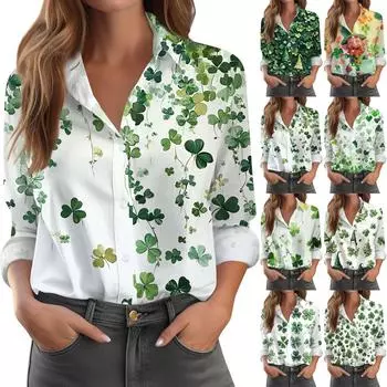 Женская рубашка-блузка с принтом и пуговицами, длинный рукав, повседневный базовый рубашечный воротник, обычный топ XL зелёный