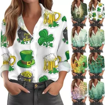 Женская рубашка-блузка с принтом и пуговицами, длинный рукав, повседневный базовый рубашечный воротник, обычный топ XL