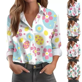 Женская рубашка-блузка с принтом и пуговицами, длинный рукав, повседневный базовый рубашечный воротник, обычный топ L горячий розовый