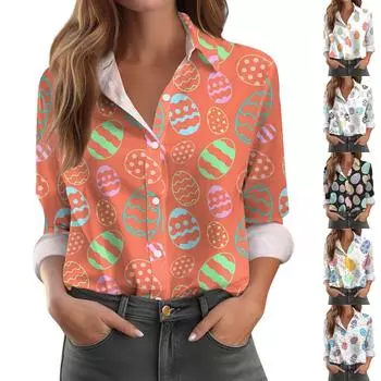 Женская рубашка-блузка с принтом и пуговицами, длинный рукав, повседневный базовый рубашечный воротник, обычный топ L чёрный