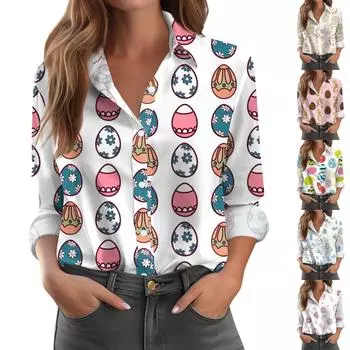Женская рубашка-блузка с принтом и пуговицами, длинный рукав, повседневный базовый рубашечный воротник, обычный топ L