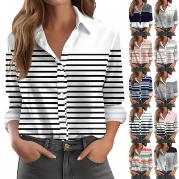 Женская рубашка-блузка с принтом и пуговицами, длинный рукав, повседневный базовый рубашечный воротник, обычный топ L