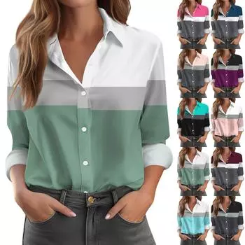 Женская рубашка-блузка с принтом и пуговицами, длинный рукав, повседневный базовый рубашечный воротник, обычный топ L синий