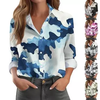 Женская рубашка-блузка с принтом и пуговицами, длинный рукав, повседневный базовый рубашечный воротник, обычный топ M синий