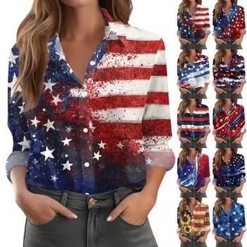 Женская рубашка-блузка с принтом и пуговицами, длинный рукав, повседневный базовый рубашечный воротник, обычный топ M синий