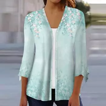 Женская рубашка-блузка с принтом и рукавом 3/4, повседневные праздничные базовые топы на пуговицах XXXL