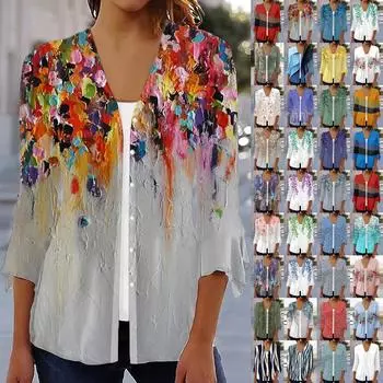 Женская рубашка-блузка с принтом и рукавом 3/4, повседневные праздничные базовые топы на пуговицах L бежевый