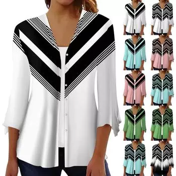 Женская рубашка-блузка с принтом и рукавом 3/4, повседневные праздничные базовые топы на пуговицах L циан