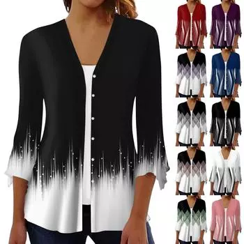 Женская рубашка-блузка с принтом и рукавом 3/4, повседневные праздничные базовые топы на пуговицах M