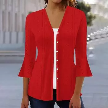 Женская рубашка-блузка с принтом и рукавом 3/4, повседневные праздничные базовые топы на пуговицах M красный