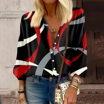 Женская рубашка, блузка с принтом на пуговицах, повседневный винтажный модный топ с круглым вырезом и рукавами 3/4 L чёрный