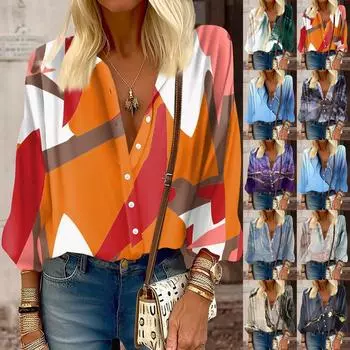 Женская рубашка, блузка с принтом на пуговицах, повседневный винтажный модный топ с круглым вырезом и рукавами 3/4 L синий