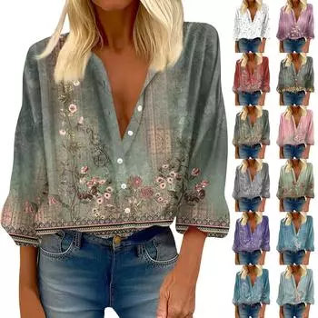 Женская рубашка, блузка с принтом на пуговицах, повседневный винтажный модный топ с круглым вырезом и рукавами 3/4 XXXL