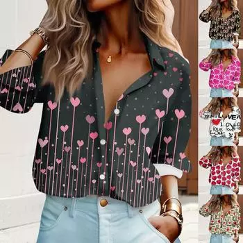 Женская рубашка-блузка с принтом на пуговицах ко Дню Святого Валентина и длинным рукавом, повседневная базовая рубашка с воротником, обычный топ L