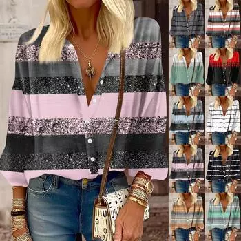 Женская рубашка, блузка с принтом на пуговицах, повседневный винтажный модный топ с круглым вырезом и рукавами 3/4 L чёрный