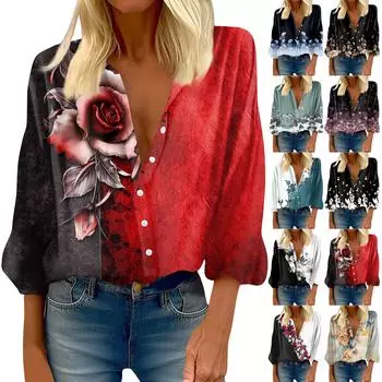 Женская рубашка, блузка с принтом на пуговицах, повседневный винтажный модный топ с круглым вырезом и рукавами 3/4 XL винный