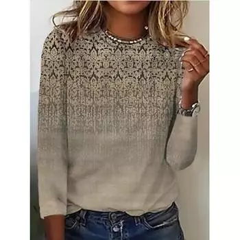 Женская рубашка блузка с принтом повседневная выходная уличная одежда повседневная с длинным рукавом круглый вырез синяя весна осень S