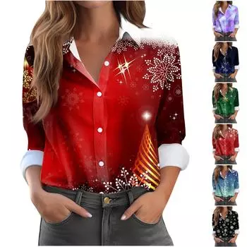 Женская рубашка-блузка с рождественским принтом и пуговицами, длинный рукав, повседневный базовый рубашечный воротник, обычный топ L красный